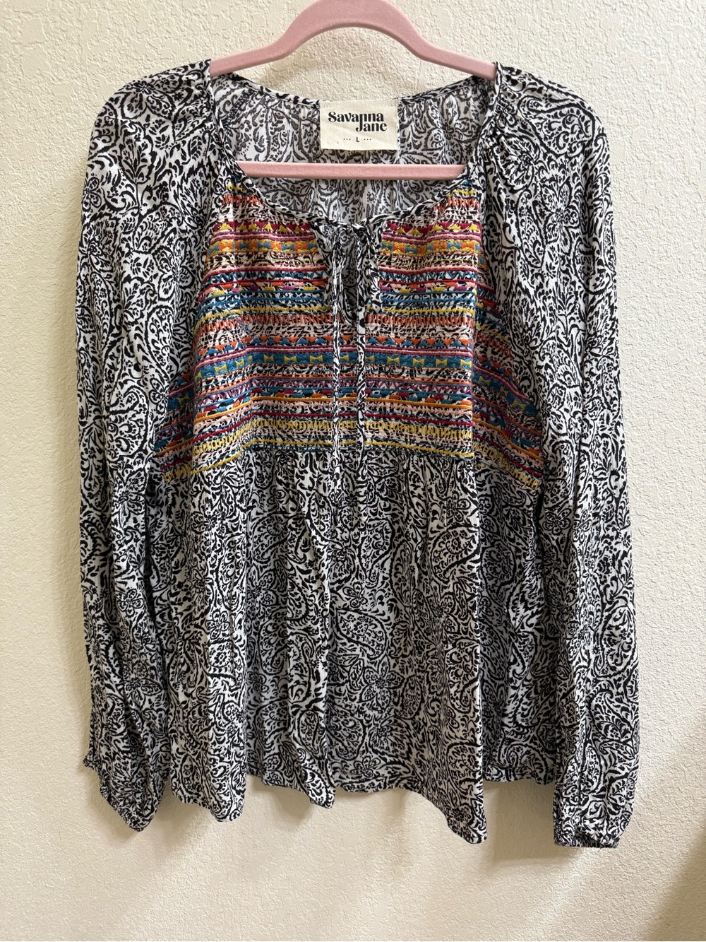Savanna Jane Black & White Paisley Tunic with Multicolor Embroidered Yoke